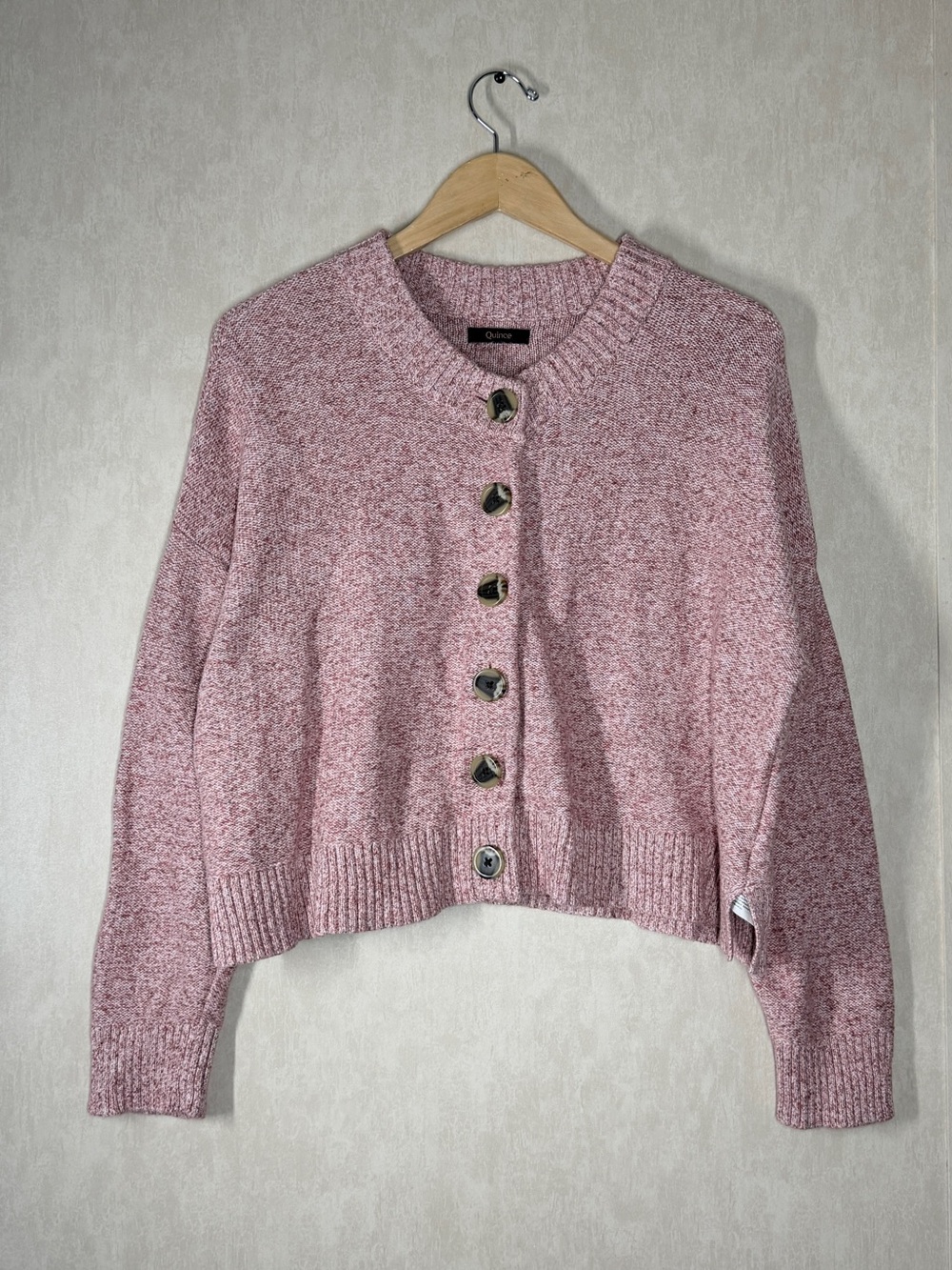 Quince Womens 100% Organic Cotton Women's Cropped Cardigan in Marled Rose Pink L - Picture 3 of 13